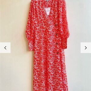 Ganni Neon Orange Mod Flower Print Button Up Dress, size 40